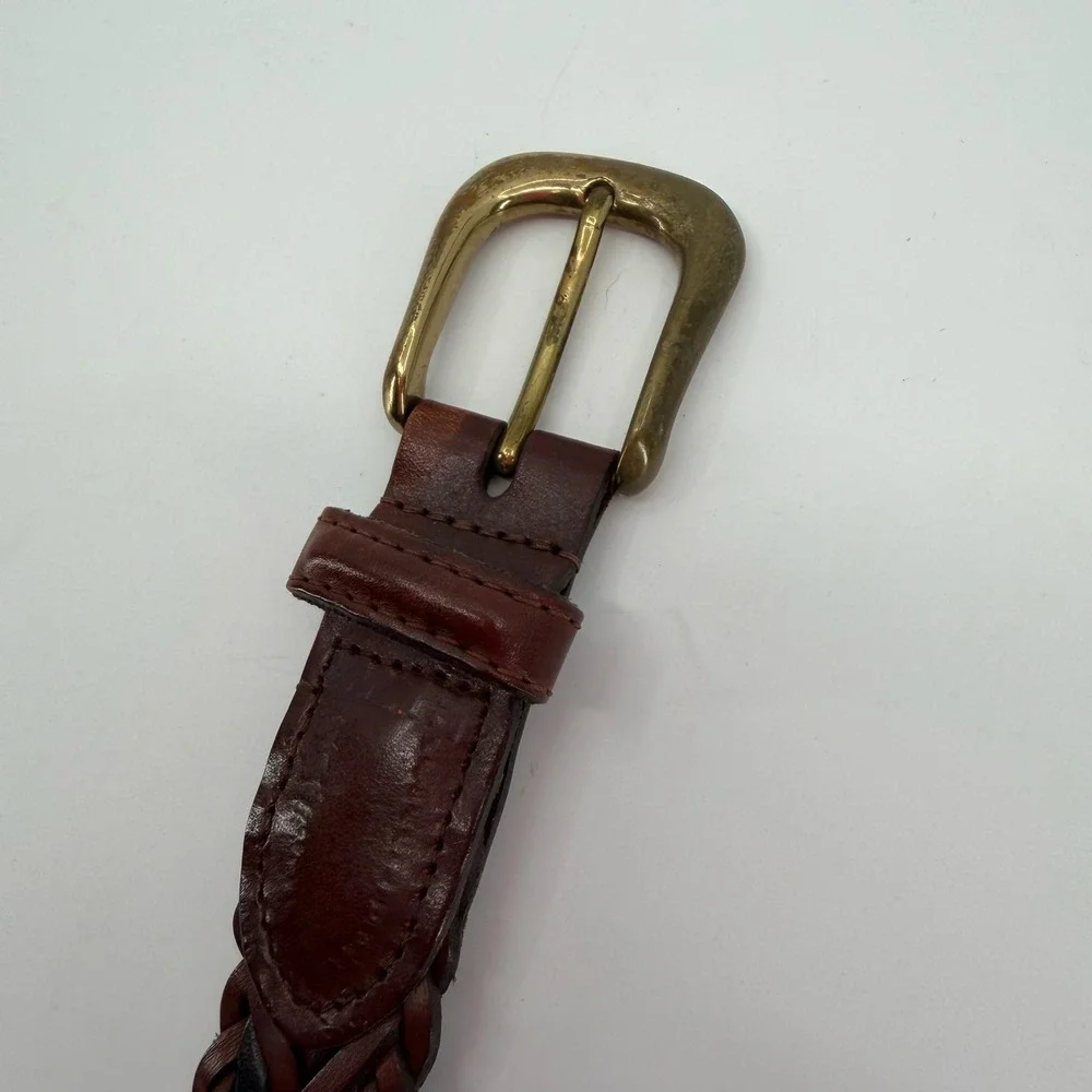 Vtg Woven Leather Belt Mens 40 Brown Black Braided Solid Brass Buckle Italy USA